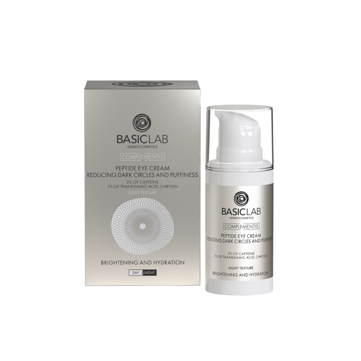 BasicLab Dermocosmetics<br/>Brightening and Hydration<br/>Peptide eye cream reducing dark circless and puffines, 3% of caffeine, 1% of tranexamic acid, chrysin, light texture<br/>15 ml